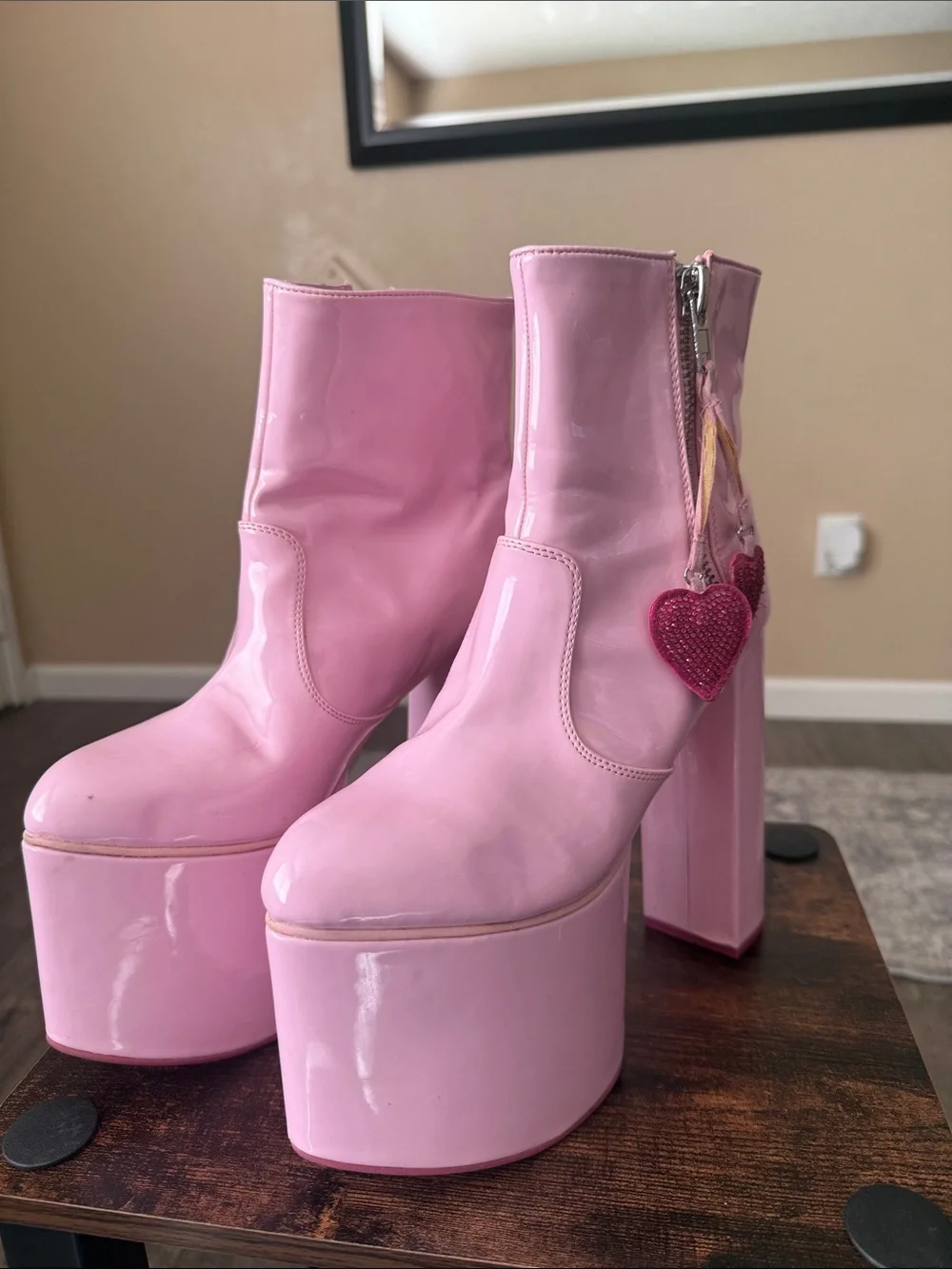 Sugar Thrillz Pink Patent Platform Ankle Boots with Heart Charm